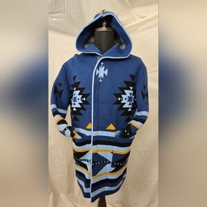 Blue Hooded Sweater with Geometric Patterns